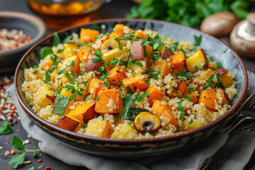 Millet with creamy vegetables, courgette, sweet potatoes and mushrooms.