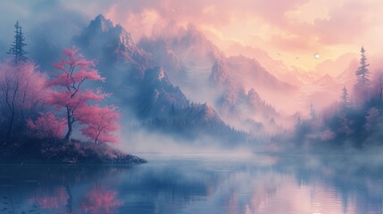 dreamscape in watercolor, blending serene blues and soft lavenders to evoke tranquility and true emotional balance - obrazy, fototapety, plakaty