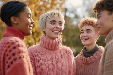 Fototapeta premium Laughter echoes as youth gather in joy. Happy faces beam with delight, background lively.