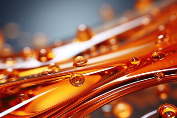 Close-up of transparent drops of liquid on an orange background.
