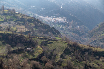 Aerial view of the Poqueira ravine with the Granada town of Pampaneira in La Alpujarra