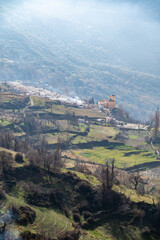 Fototapeta na wymiar Vertical view of the Poqueira ravine with the Granada town of Pampaneira in La Alpujarra