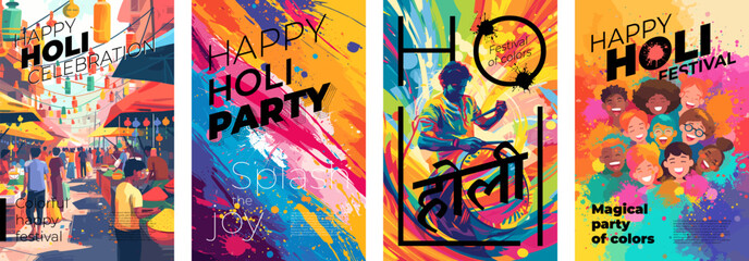 Happy Holi spring festival of colors poster. Indian traditional holiday print. People fun on abstract colorful powder splashes. India national color celebration art banner. Hindu text translation Holi