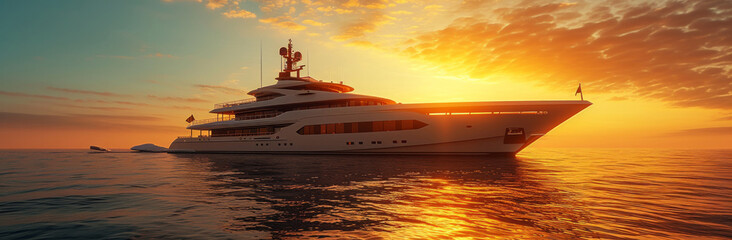 luxury yacht sailing in the ocean at sunset - obrazy, fototapety, plakaty