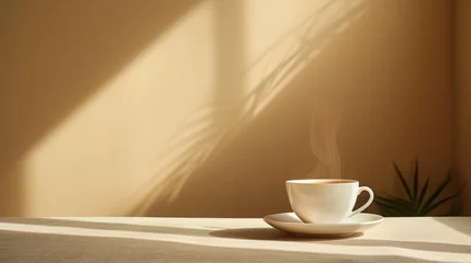 Schilderijen op glas Minimalist photo featuring a cup of steaming tea on a clean, neutral background © olegganko