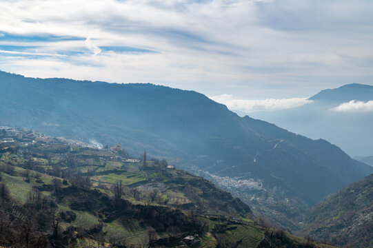 Panoramic view of the Poqueira ravine with the Granada villages of Pampaneira and Bubi&oacute;n in La Alpujarra