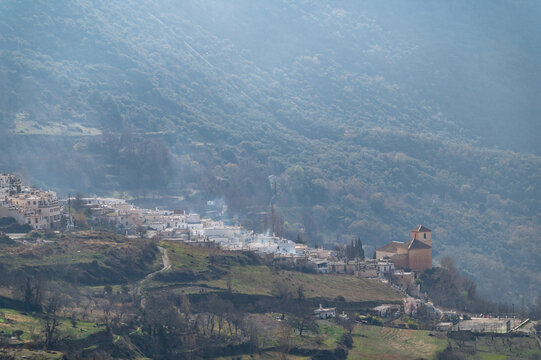 Aerial view of the Poqueira ravine with the Granada town of Pampaneira in La Alpujarra
