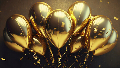 Bunch of golden foil balloons with helium. Holiday celebration concept, New Year or birthday event