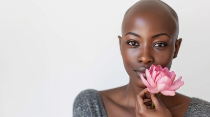 portrait of beautiful young bald girl with pink flower. Alopecia, breast cancer and cancer awareness. World Cancer Day.  Woman with shaved head after chemotherapy. Advertising facial skin car products