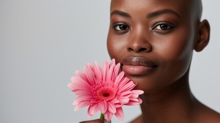 portrait of beautiful young bald girl with pink flower. Alopecia, breast cancer and cancer awareness. World Cancer Day.  Woman with shaved head after chemotherapy. Advertising facial skin car products