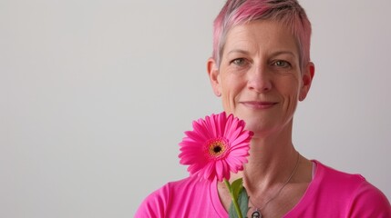 Cropped image of beautiful mid aged woman posing with pink flower. Breast cancer and cancer awareness. World Cancer Day. Survivor, suport, healthcare or trust, empathy or compassion.