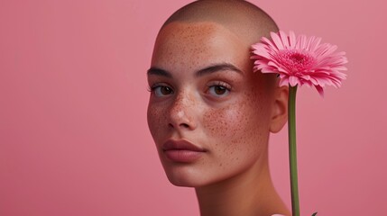 Emotional portrait of beautiful young bald girl with pink flower. Alopecia, breast cancer and cancer awareness. World Cancer Day. Survivor, suport. Woman with shaved head after chemotherapy  - obrazy, fototapety, plakaty