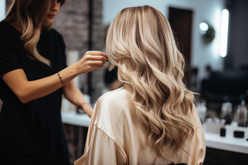 Professional hairdresser working with a client in the beauty salon. Blonde girl getting ready for work. Back view of girl with long hair