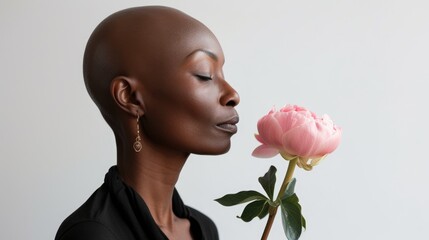 portrait of beautiful young bald girl with pink flower. Alopecia, breast cancer and cancer awareness. World Cancer Day.  Woman with shaved head after chemotherapy. Advertising facial skin car products