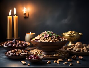 Obraz premium Side view of a dining table with full of delicious foods dishes and dry fruits. Copy space.