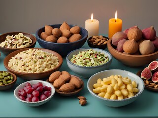Side view of a dining table with full of delicious foods dishes and dry fruits. Copy space.