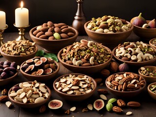 Side view of a dining table with full of delicious foods dishes and dry fruits. Copy space.
