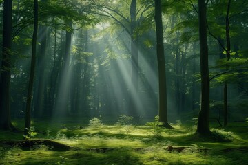 soft light filters through a serene forest, creating gentle shifts in form and shadows on the forest floor, to convey peace and tranquility