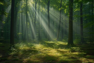 Fototapeta premium soft light filters through a serene forest, creating gentle shifts in form and shadows on the forest floor, to convey peace and tranquility