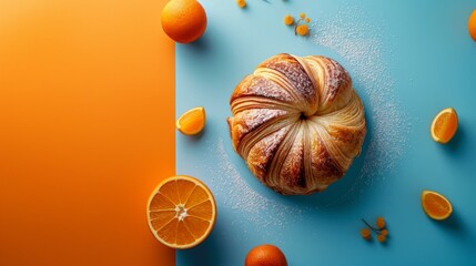 Minimalist photo evoking a sense of harmony through the combination of pastry and fruit