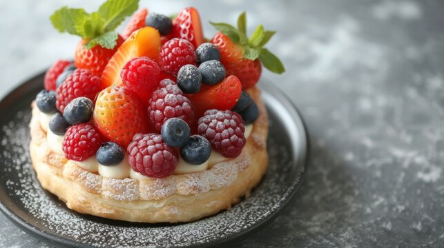 Minimalist image capturing the elegance of a pastry topped with luscious, fresh fruits