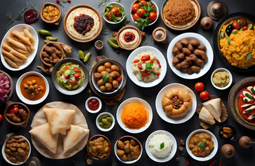 A view of a vibrant dining table with full of different types of delicious foods dishes, dry fruits & juices or tea. Copy space.