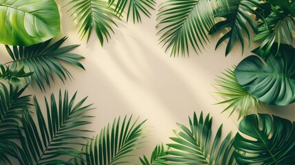 Fototapeta na wymiar Delicate tropical leaves scattered across a minimalist backdrop,