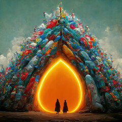 Surrealistic view of two pilgrims in silhouette who stand a moment before the glowing, drop-shaped portal of a futuristic shrine made of a huge collection of plastic trash - obrazy, fototapety, plakaty
