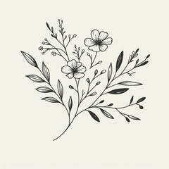 Hand-drawn minimalist botanical line art of floral branches, roses, leaves, and herbs create an elegant and rustic botanical wedding invitation and save-the-date card template.