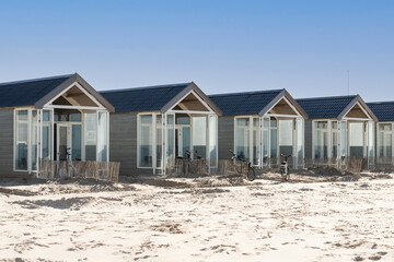 Beach houses in the dunes along the beach in Katwijk aan Zee in the Netherlands.