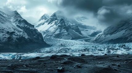 Obraz premium a mountain range with a glacier in the foreground and snow on the mountains in the background, with dark clouds in the sky, and snow - capped mountains in the foreground.