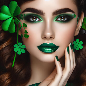 pretty caucasian young woman  with green lipstick and green makeup and green clover leaves