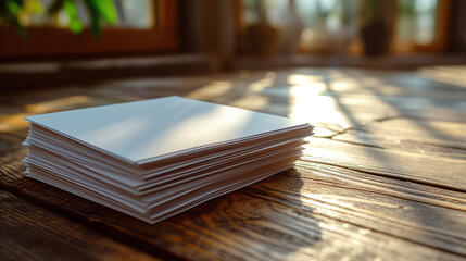 Stack, pile of empty, blank promotional flyers, papers for showcase mockup on wooden background with sunlight and shadow  with copy space.