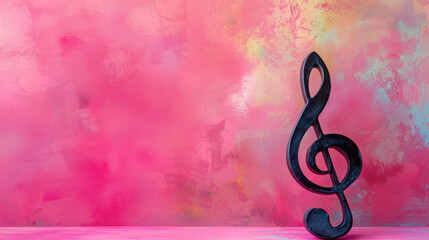 Abstract music note, treble clef sign painted on concrete pink wall background. music wallpaper,  illustration, backdrop art with copy space for text.