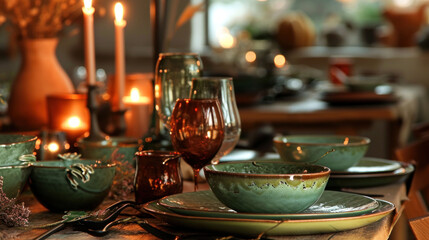 a close up of a table with a bunch of plates and cups on it with candles in the background and a vase with flowers in the middle of the table.