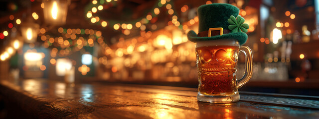 Fototapeta na wymiar Mug of cold fresh beer on wooden table with green leprechaun hat on blurred background. Oktoberfest and St. Patrick's day celebration in a pub or bar. Card, banner, poster, flyer with copy space