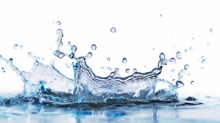 Splashing drops of clear water liquid on plain white background