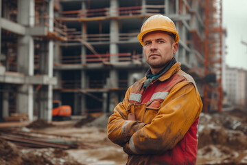 Contemplative construction worker in high-visibility jacket on a building site, embodying the uncertainty of the job market