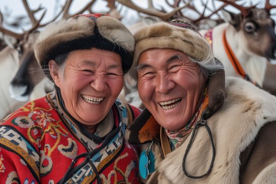 Portrait of an eskimo couple, they laughing.  Alaska, Siberia