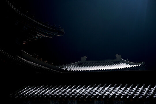 the tiled roofs of traditional Korean buildings at night