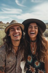 Modern young native american couple laughing. Outdoor portrait. Indian.