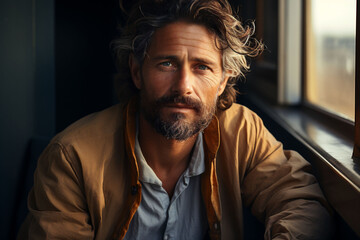 Obraz premium A mature businessman gazes at the camera with a serious expression, in a yellow coat. This image could represent themes of business succession, leadership, or resilience.