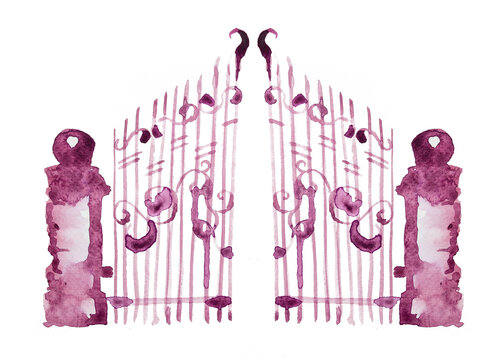 Watercolor gates painting. Atchitecture concept illustration isolated on white.