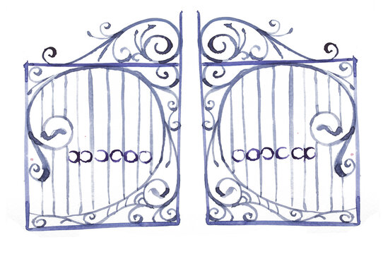 recommend clip art: Watercolor gates painting. Atchitecture concept illustration isolated on white.