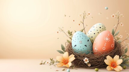 Fototapeta na wymiar Speckled Easter eggs in a nest with delicate flowers on a warm backdrop.