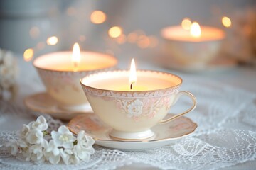 Obraz na płótnie Canvas Handmade candles in upcycled vintage teacups, adorned with lace, against a floral background with purple flowers.