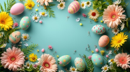 Vibrant Easter egg wreath on blue with flowers and copy space.