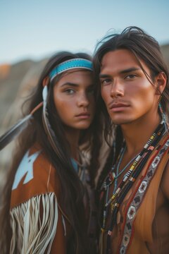 Young native american couple in a traditional clothing. Indians, outdoor photo