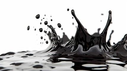 Splashing color black paint drops oil liquid plain white background
