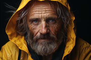 The portrait of an old homeless man in a hooded yellow raincoat. It evokes themes of loneliness and struggle, apt for discussions on homelessness or the challenges of old age. - obrazy, fototapety, plakaty
